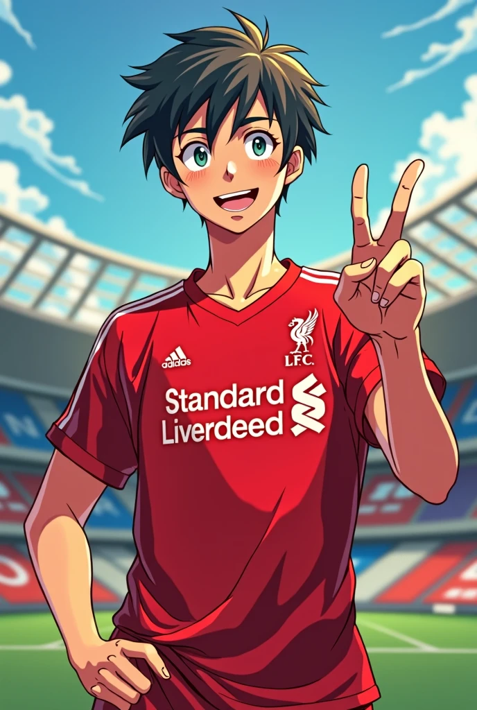 A handsome young man smiles Toriyama Akira style and gives a two-finger salute while wearing a Liverpool shirt. standing in cartoon style illustration Detailed and colorful Dynamic photography, realistic high-quality colorful poses.