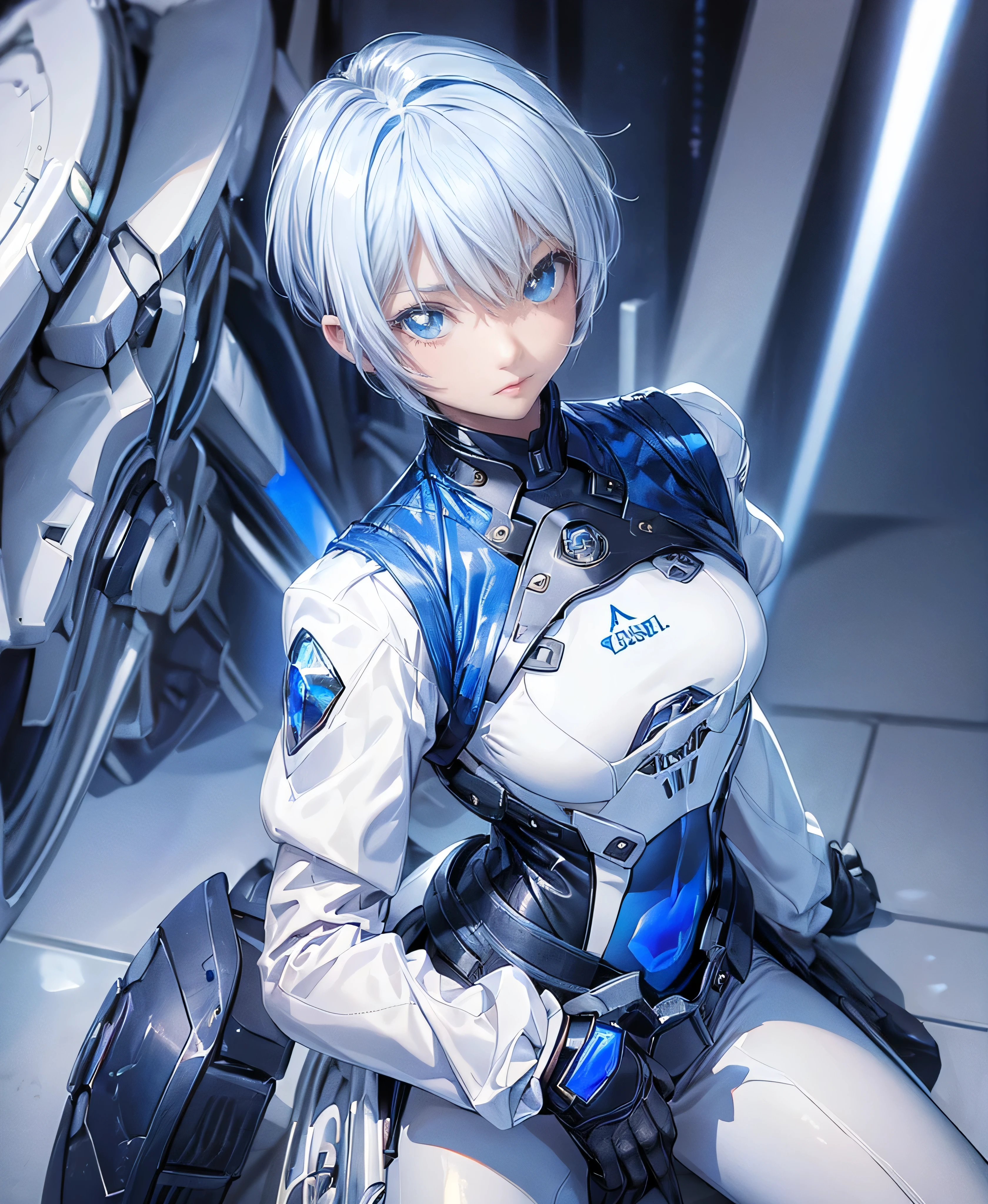 ((Holographic glow effect)),((4K Works))、masterpiece、(Highest quality)、One beautiful girl、The body is slim、expensive、((Navy blue shirt and white pants、Charming street style))、Please wear a cropped jacket、(Beautiful eyes in every detail)、((Kneel))、((short-haired gray hair))、((Makes your face smaller))、((Neutral face))、((Bright Blue Eyes))、((Adult female, 2))、((Cool woman))、((Like a celebrity))、((elongated and sharp eyes))、((boyish))、Professional photos、((Model Photo))、((Look up at the sky))、((Shooting from behind))、((She is looking upwards))、((Her eyes are looking up))、((Increase the angle of the face))、((She is walking in front of the viewer))、(Neckline), Elbow-length gloves、Knee-high boots、Polished floor