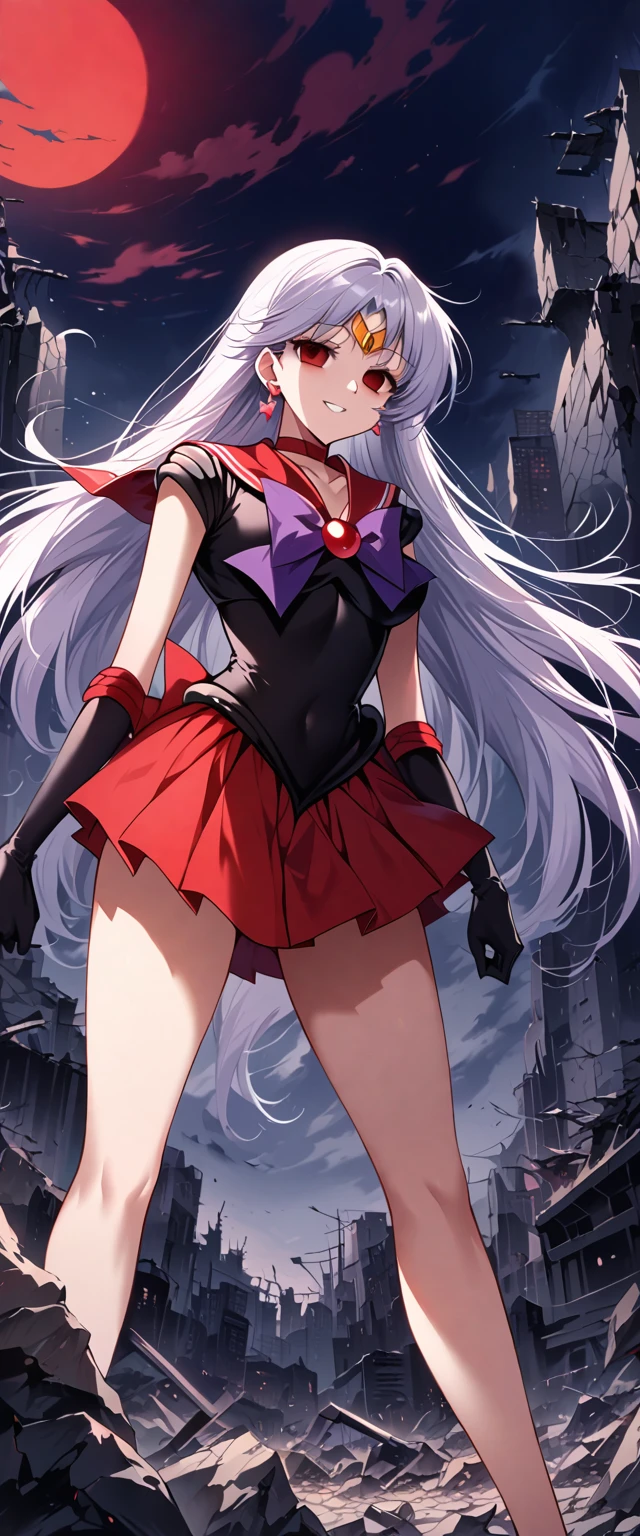 (masterpiece, Highest quality, so beautiful, Very detailed), Intricate details, 12k, Honestly, aamars, long hair,  tiara, earrings, red choker, red sailor collar, purple bowtie, (black shirt:1.1), elbow gloves, black gloves, pleated skirt, red skirt, bare legs, Are standing, (ful body:1.4),,(Wicked Smile:1.2), one person,(Silver Hair:1.4),(empty eyes,:1.4),From below,Watching the dawn,,View your audience,(red eyes:1.2),(A destroyed city with fallen girls：1.4),Put one foot on the rubble,(Fallen girls in the background)