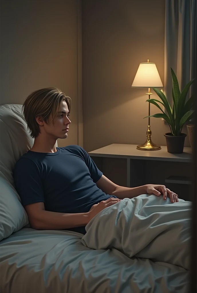 1 man, young man, 2, Leon S. Kennedy from the movie "Resident Evil 4", Eudard Badaluta's face, solo, Dark blonde hair, Curtain hairstyle, navy t-shirt, lying on the bed, sporty, volumetric lighting, depth of field. 