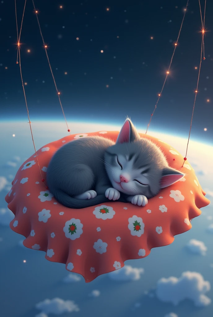 Disney Pixar style grey kitten sleeping with eyes closed in sushi bedding 15,000 meters above ground。The background is an image of a starry sky shining at night..