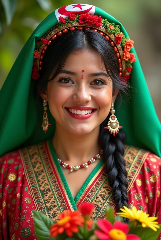 Close up, beautiful and attractive plump woman, wearing blue Berber Kabyle costume, holding the Algerian flag on her head with a bouquet of flowers, image quality and resolution, green nature background
