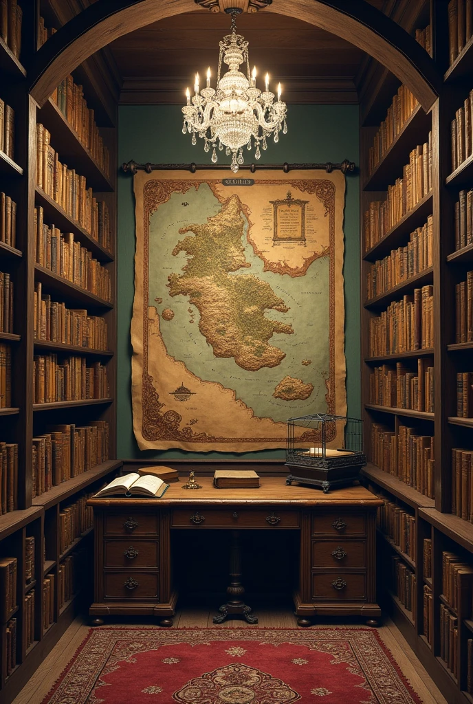 The library is a compact room, with two shelves that extend to the ceiling, filled with ancient books and dust-covered scrolls. A crystal chandelier hanging in the center of the room glows with a soft light., illuminating the shadows. There is a large map of Digared on a wall, with detailed notes on ancient rituals and magical creatures. And an antique wooden desk next to a fireplace.
