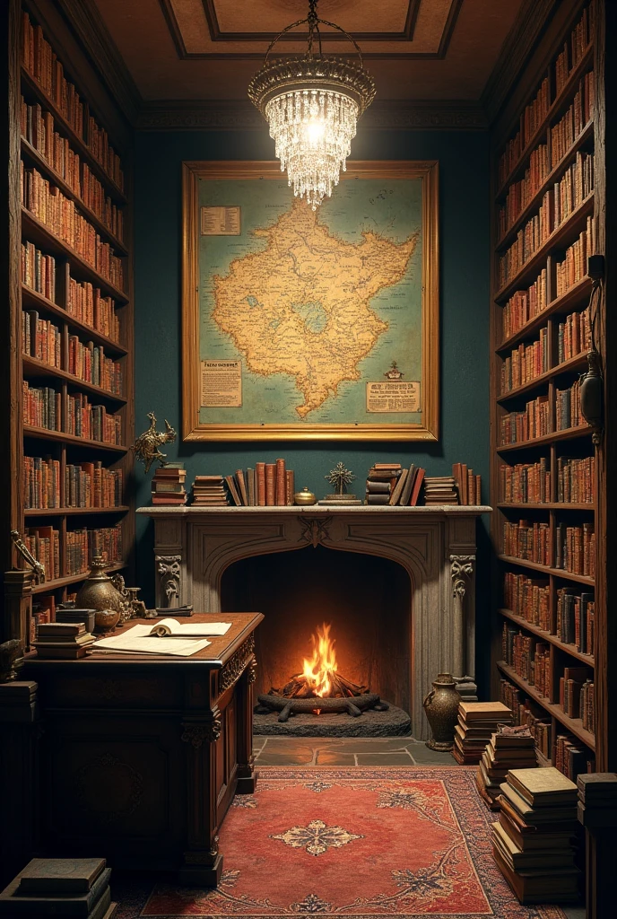 The library is a compact room, with two shelves that extend to the ceiling, filled with ancient books and dust-covered scrolls. A crystal chandelier hanging in the center of the room glows with a soft light., illuminating the shadows. There is a large map of Digared on a wall, with detailed notes on ancient rituals and magical creatures. And an antique wooden desk next to a fireplace.