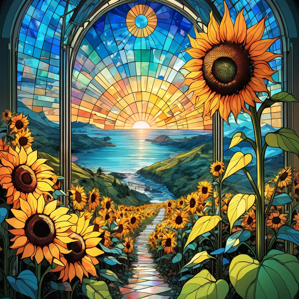 sea of flowers, aesthetics, stained glass sunflowers, E Mumford, Cyril Rolando, mr kaluta, Louis Conforto Tiffany, Dale Chihuly, hyper-detailded, hyper realist, digital landscape art, 8K resolution, colors beautiful, tarot card, awe, sunflowers made of stained glass, detailded, Hyperdetailded storybook illustration, conceptual artwork