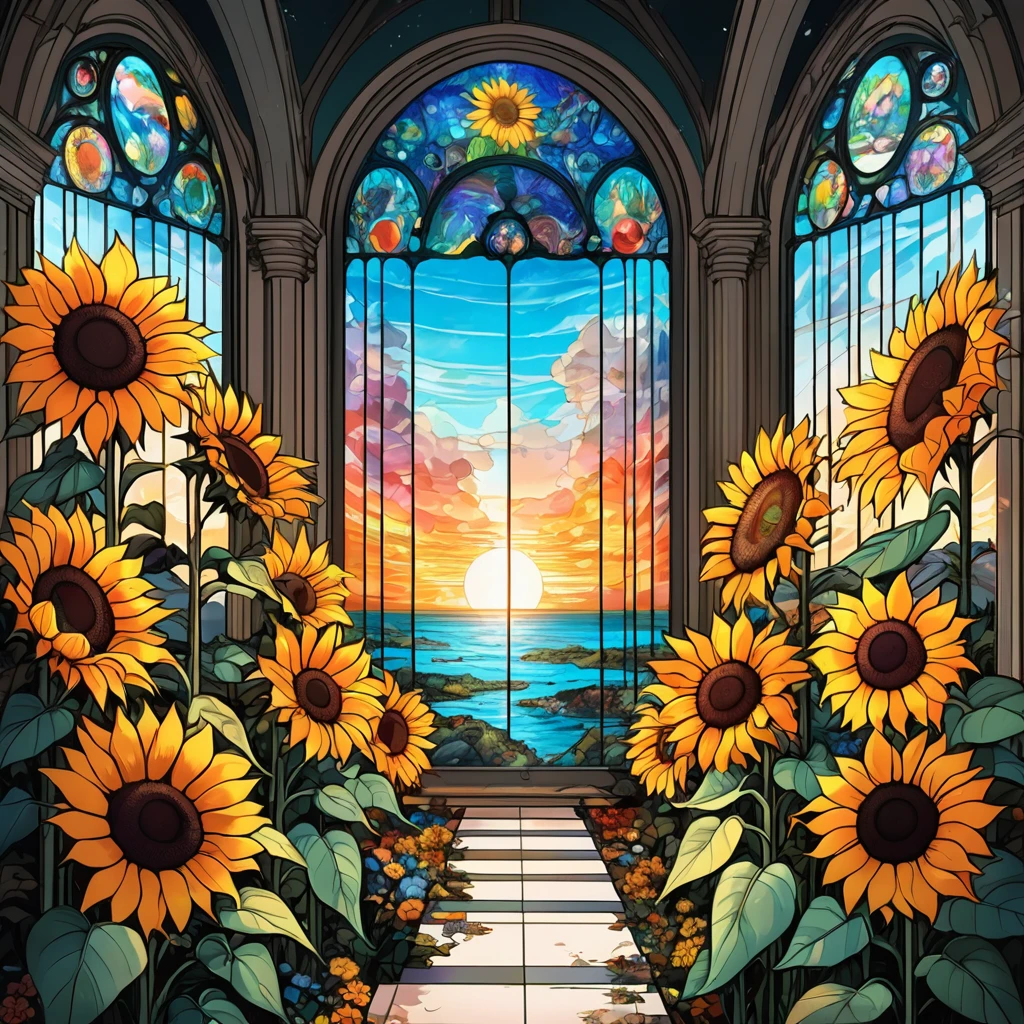 sea of flowers, aesthetics, stained glass sunflowers, E Mumford, Cyril Rolando, mr kaluta, Louis Conforto Tiffany, Dale Chihuly, hyper-detailded, hyper realist, digital landscape art, 8K resolution, colors beautiful, tarot card, awe, sunflowers made of stained glass, detailded, Hyperdetailded storybook illustration, conceptual artwork