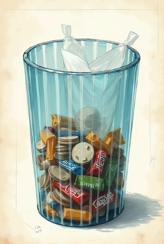 Make me a blueprint sketch for making a trash can from used plastic bottles filled with pieces of snack wrappers and other trash arranged in a circle with a plastic bag inside.