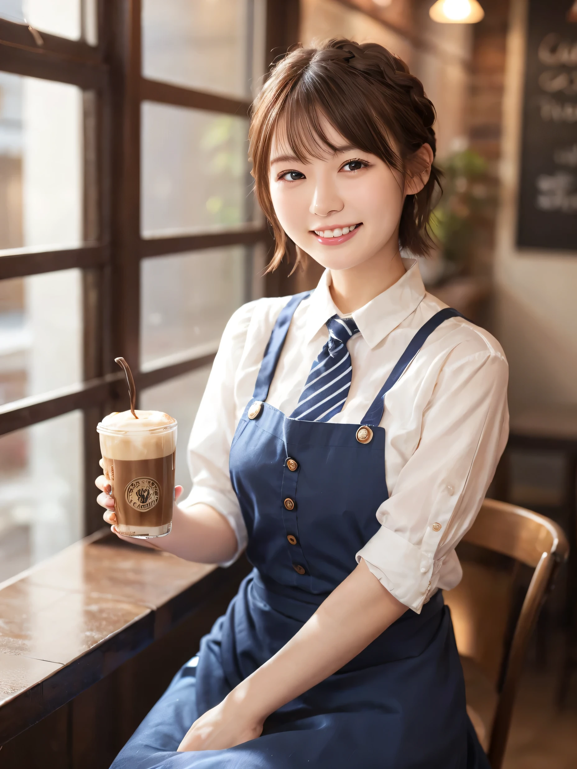 1 girl、(RAW Photos、Highest quality)、(Real、Photoreal:1.4)、Tabletop、Very delicate and beautiful、Very detailed、2k wallpaper、wonderful、Detailed、very detailedCG Unity 8K wallpaper、Super detailed、2、High resolution、Blue waitress outfit、Long skirt、Frills、apron、ribbon、Soft Light、Beautiful detailed girl、Cafe waitress、Short Medium Hair、Braided Hair、Very detailed目と顔、smile、Happy Face、Cafe、coffee shop、latte Art
