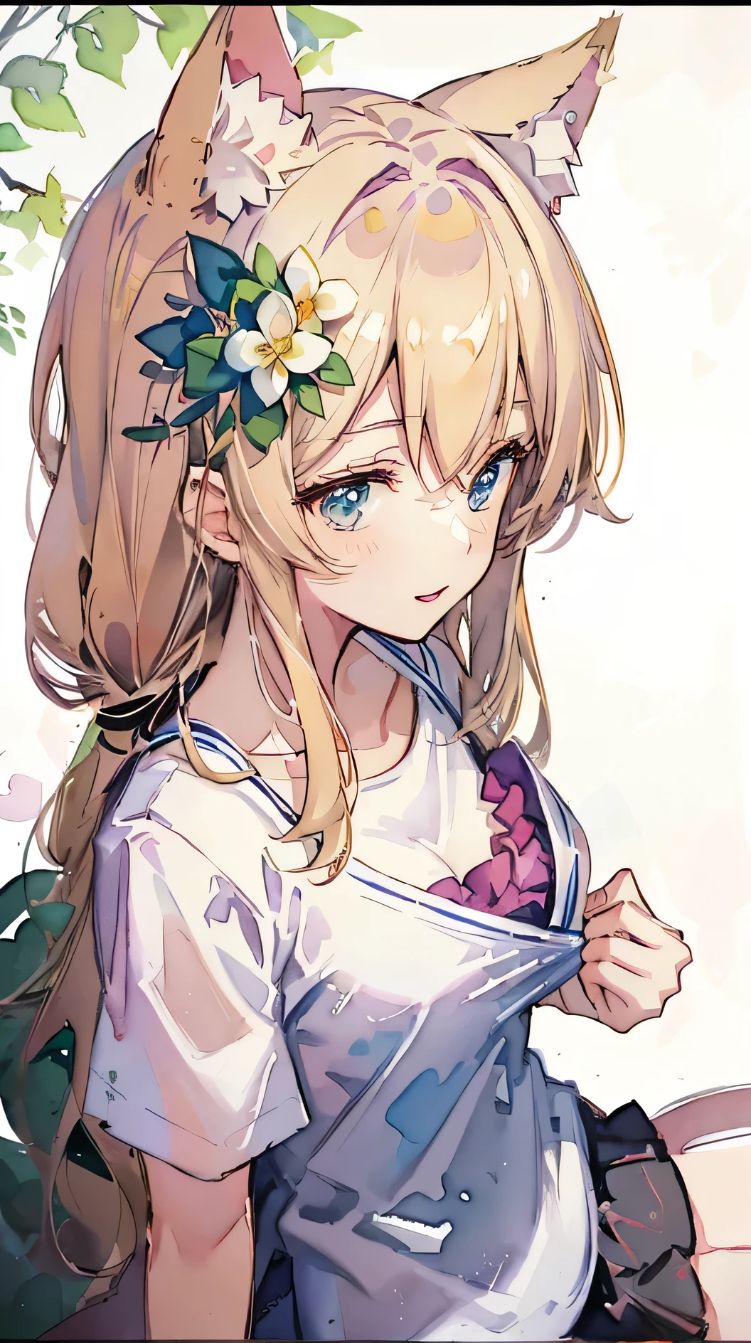 anime girl with long hair and a cat ears with flowers in her hair, seductive anime girl, attractive anime girl, anime visual of a cute girl, pretty anime girl, beautiful anime girl, cute anime waifu in a nice dress, blonde anime girl with long hair, anime waifu, young anime girl, anime girl with long hair, smooth anime cg art, an anime girl, (Masterpiece), (best detail), (Best quality), (((aquarelle))), Watercolor background, cheerfulness, Young and good-looking, (Vintage background)