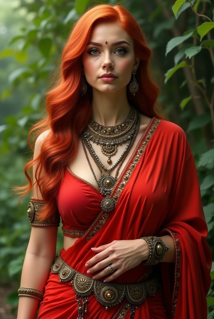 (photorealism:1.2), beautifull women existence in hindu scriptures from Vedas wearing a red saree big breast, red hairs ,ultra realistic,wearing a chain and old fashioned jwelleries -on hand ,neck and waist, mainly focoused on face ,extra detailed,quality image, greenery background, quality image.