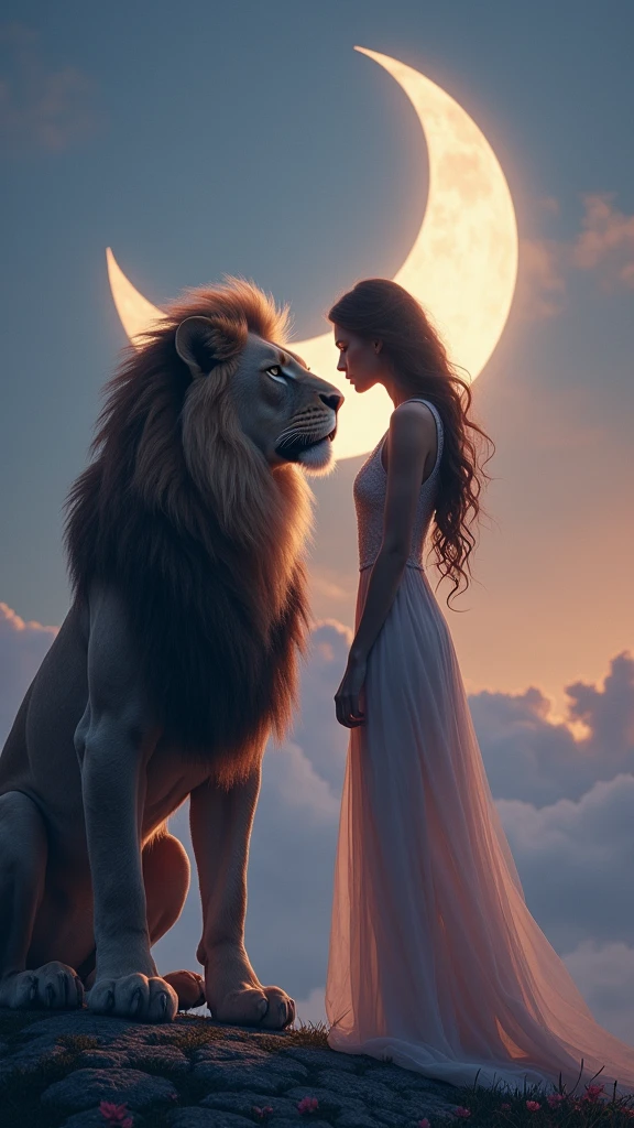 The image you shared is a beautifully crafted digital scene. Here’s a detailed description:
The scene features a majestic lion with a thick, impressive mane standing close to a woman with long, wavy hair. She is wearing an elegant dress that adds a touch of sophistication to the image. Both the lion and the woman are gazing at each other, creating a sense of connection and mutual respect.
The background appears to be set during twilight or nighttime, with a large crescent moon illuminating the scene from behind. This moonlight casts a gentle glow on both the lion and the woman, enhancing the magical and serene atmosphere of the image.
The combination of wildlife and human elements in this intimate and peaceful moment creates a fantastical scene that seems to transcend reality. The overall ambiance is both enchanting and powerful, blending elements of fantasy and realism.
If you have any specific questions or need further details, feel free to ask!