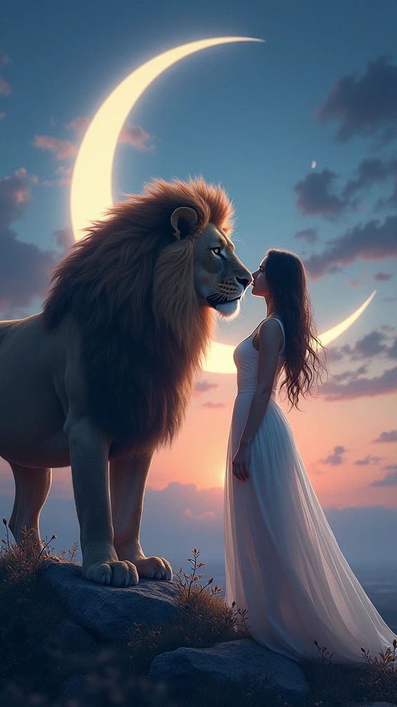 The image you shared is a beautifully crafted digital scene. Here’s a detailed description:

The scene features a majestic lion with a thick, impressive mane standing close to a woman with long, wavy hair. She is wearing an elegant dress that adds a touch of sophistication to the image. Both the lion and the woman are gazing at each other, creating a sense of connection and mutual respect.

The background appears to be set during twilight or nighttime, with a large crescent moon illuminating the scene from behind. This moonlight casts a gentle glow on both the lion and the woman, enhancing the magical and serene atmosphere of the image.

The combination of wildlife and human elements in this intimate and peaceful moment creates a fantastical scene that seems to transcend reality. The overall ambiance is both enchanting and powerful, blending elements of fantasy and realism.

If you have any specific questions or need further details, feel free to ask!