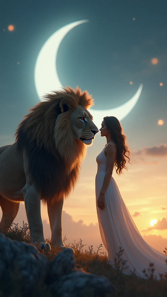 The image you shared is a beautifully crafted digital scene. Here’s a detailed description:
The scene features a majestic lion with a thick, impressive mane standing close to a woman with long, wavy hair. She is wearing an elegant dress that adds a touch of sophistication to the image. Both the lion and the woman are gazing at each other, creating a sense of connection and mutual respect.
The background appears to be set during twilight or nighttime, with a large crescent moon illuminating the scene from behind. This moonlight casts a gentle glow on both the lion and the woman, enhancing the magical and serene atmosphere of the image.
The combination of wildlife and human elements in this intimate and peaceful moment creates a fantastical scene that seems to transcend reality. The overall ambiance is both enchanting and powerful, blending elements of fantasy and realism.
If you have any specific questions or need further details, feel free to ask!