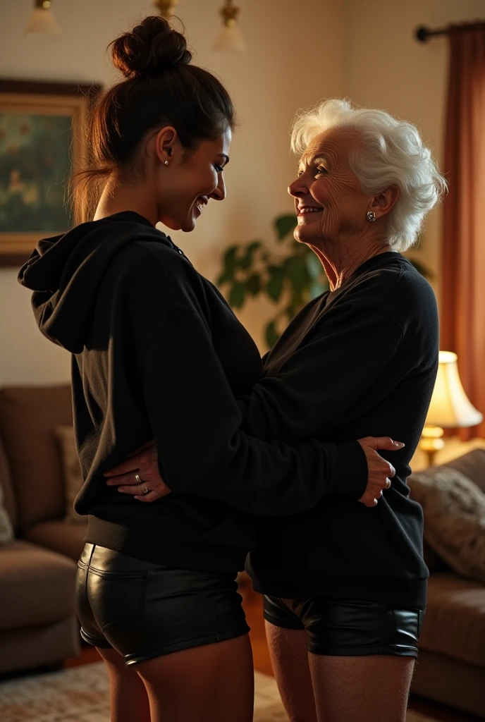 black woman hair in a bun black hoodie black leather short shorts getting fucked in the ass by a old age white grandma in a dress in a living room 