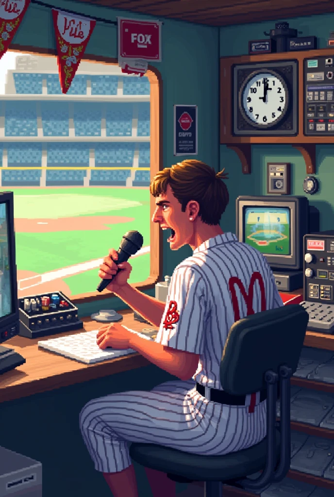 Baseball announcer in white and gray jersey, in a broadcast booth, pixel art
