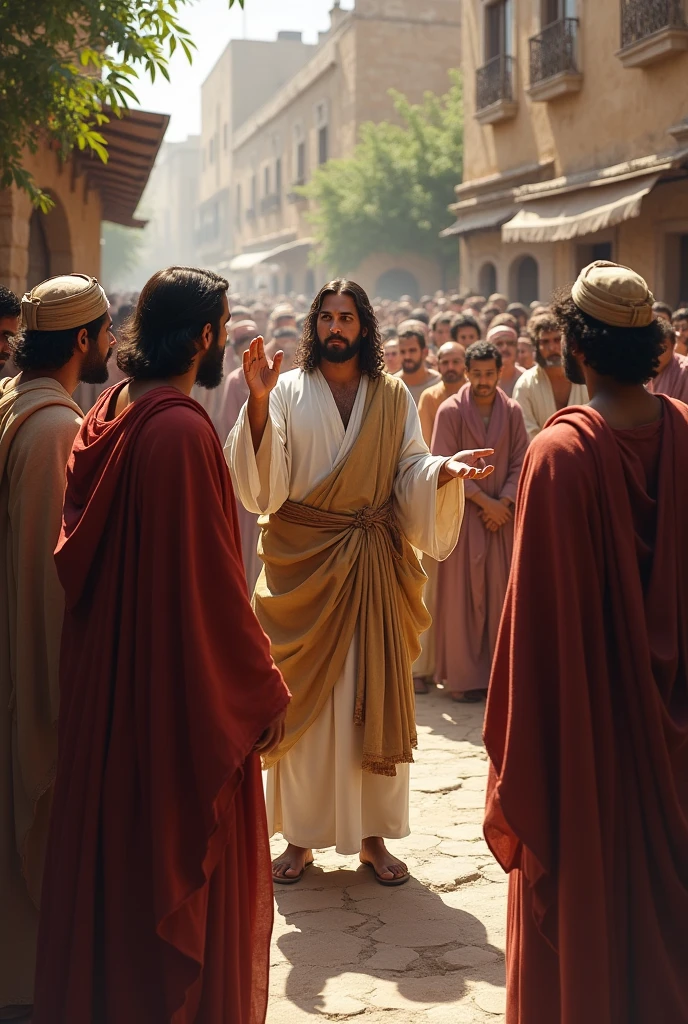 Create a scene set in the time of Jesus, where Pharisees and teachers of the Law, dressed in traditional clothing of the time, are gathered around Jesus. They are watching closely as some of Jesus&#39; disciples eat bread without washing their hands.. Jesus is at the center, in a teaching gesture, with a serious and serene expression, speaking to the crowd surrounding him. No fundo, you can see the busy square and elements of the time, like copper vessels and jars, symbolizing the purification customs of the Jews. The crowd, composed of men, women and children, listen carefully. The setting should reflect the typical environment of ancient Judea, with an atmosphere of tension and reflection on the tradition and teachings of Jesus.