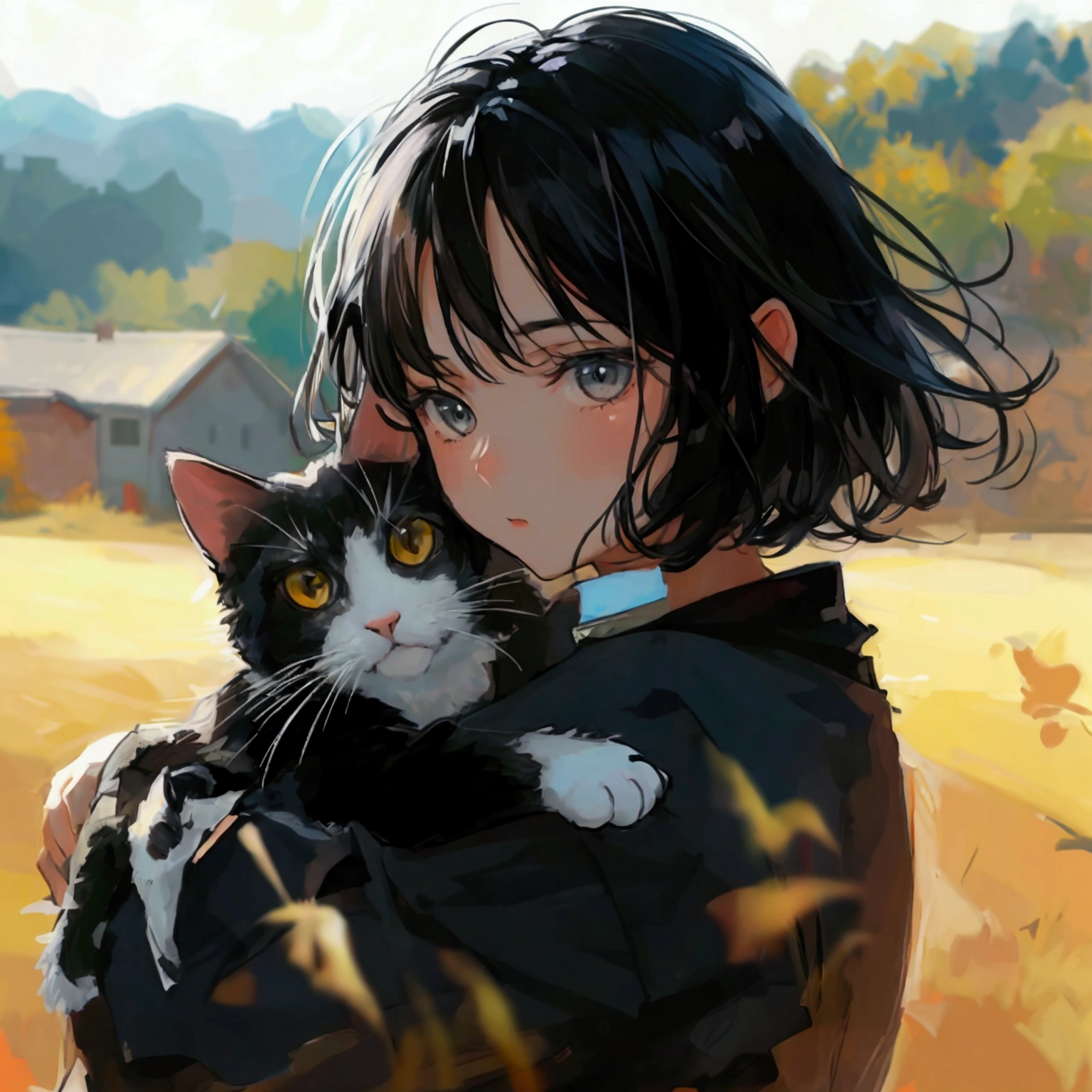 Girl hugging a cat countryside stylish up Black Hair Short Hair