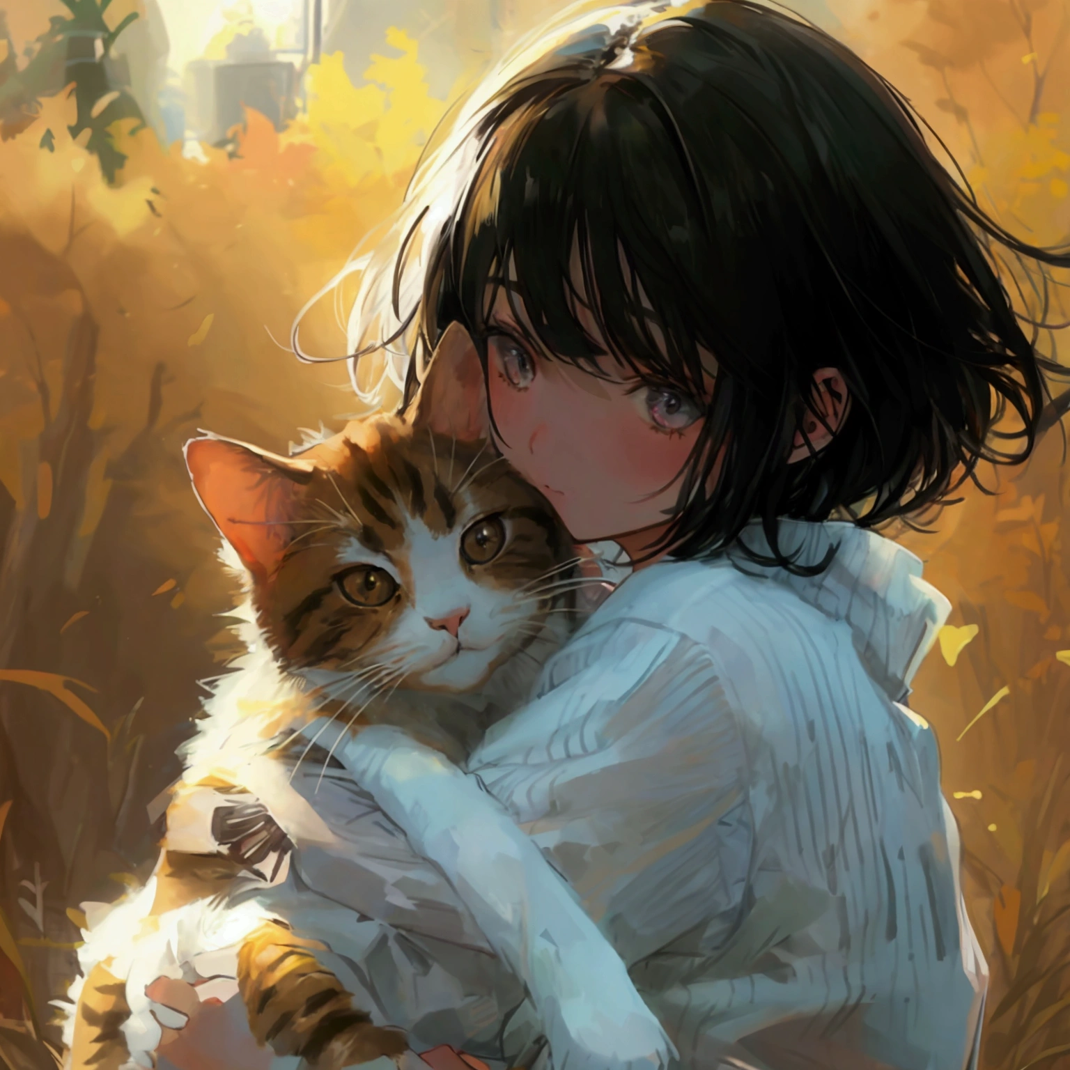 Girl hugging a cat countryside stylish up Black Hair Short Hair