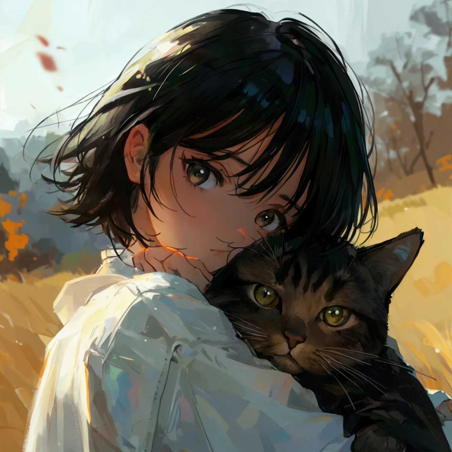 Girl hugging a cat　countryside　stylish　up　Black Hair　Short Hair