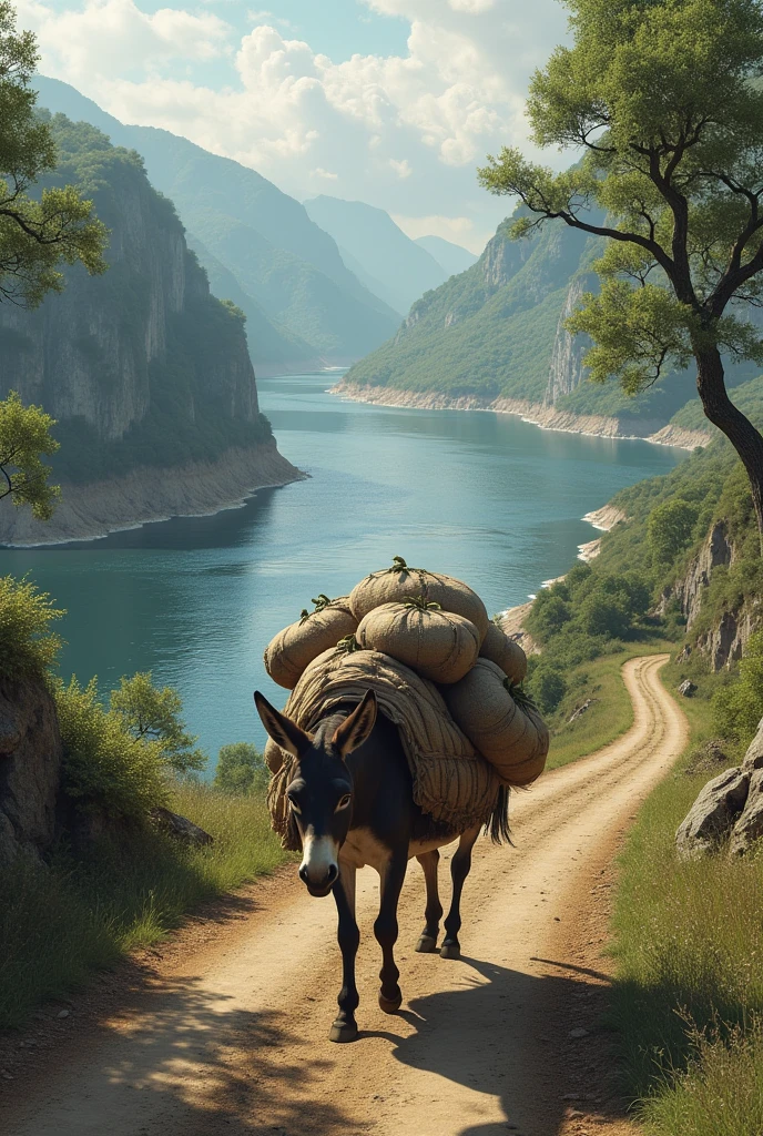 Many sacks on a donkey's back are passing by the road to the site of a large river