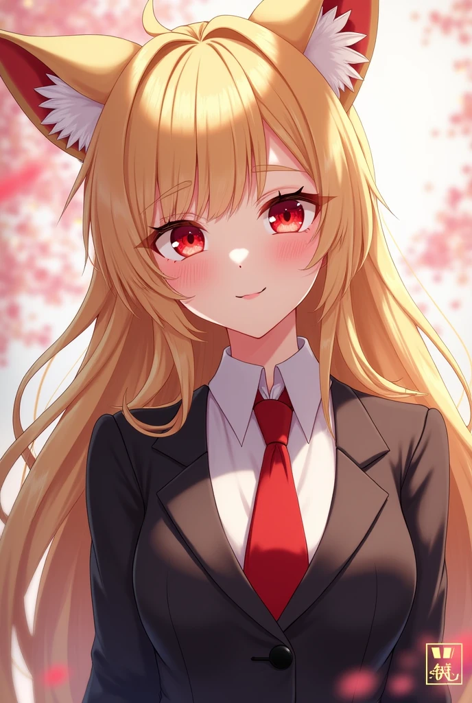 Light blonde anime girl, Eyes red , Red hair highlights in the front of the hair, blonde fox ears, ssmile, formal outfit, long hair, 