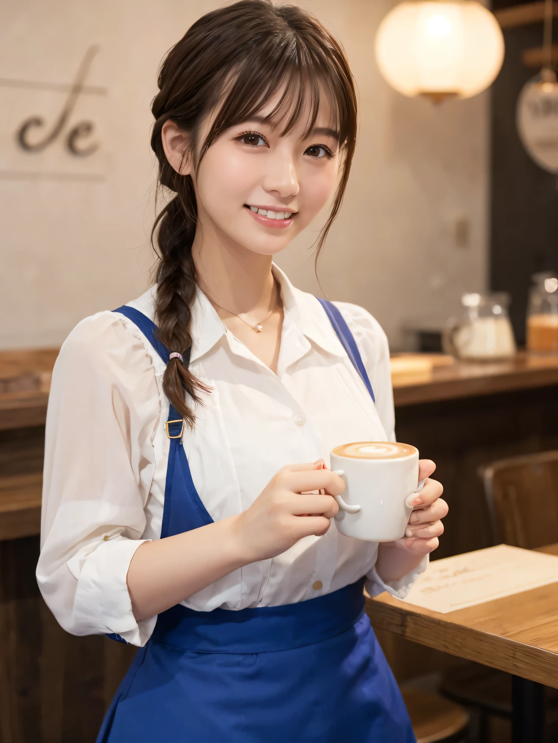 1 girl、(RAW Photos、Highest quality)、(Real、Photoreal:1.4)、Tabletop、Very delicate and beautiful、Very detailed、2k wallpaper、wonderful、Detailed、very detailedCG Unity 8K wallpaper、Super detailed、2、High resolution、Blue waitress outfit、Long skirt、Frills、ribbon、Soft Light、Beautiful detailed girl、Cafe waitress、Short Medium Hair、Braided Hair、Very detailed目と顔、smile、Happy Face、Cafe、coffee shop、latte Art