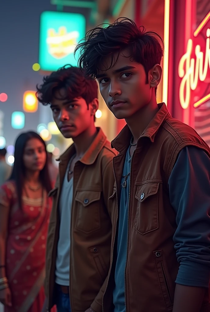 A young modern arrogant arrogant but studious intelligent Indian 1 boy standing outside a nightclub with a drunk boy, and a typical Indian teenage girl standing away watching the boy, a picture of