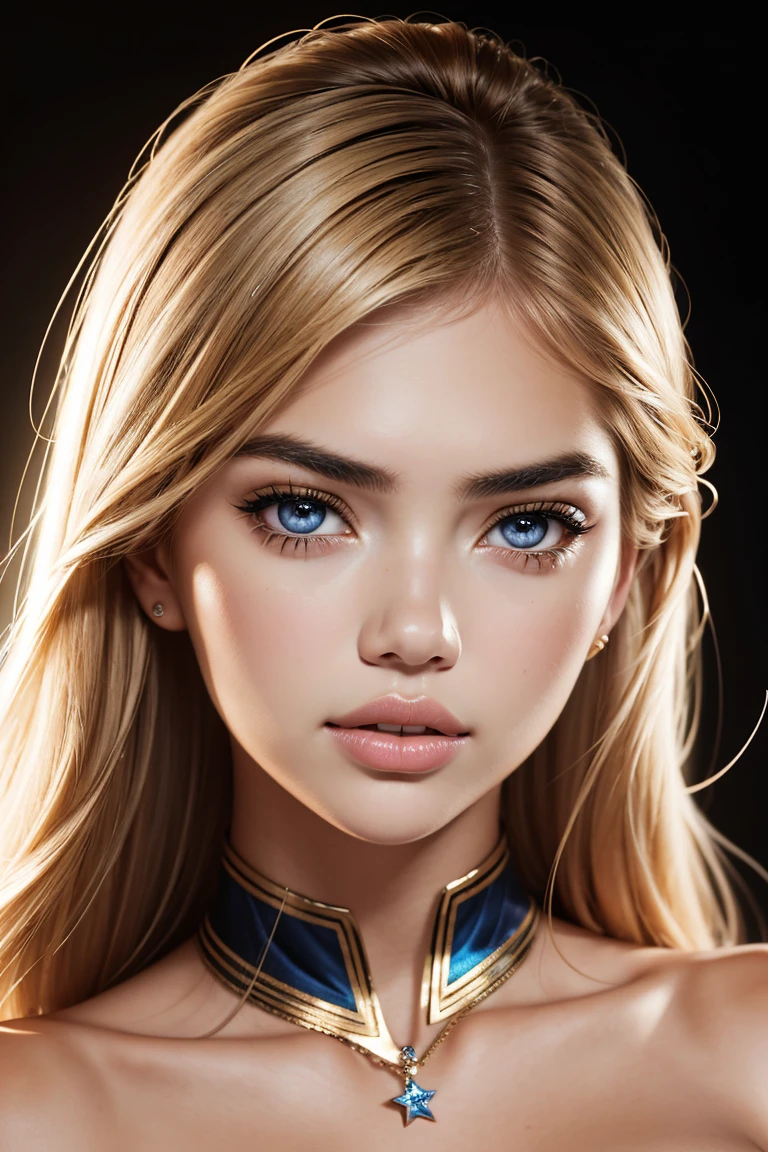 cute, Ultra-detailed photos of beautiful 20-year-old women, Detailed face (Kate Upton Mix, Adriana Lima and Rose Bertram), Wearing a star costume made of amazing fabric. Professional touch-up, Soft lighting, Realistic, Smooth face, Perfect Eyes, Sharp focus on the eyes, 8k yen, High resolution, Very detailed, Complex, elegant. In a natural background.