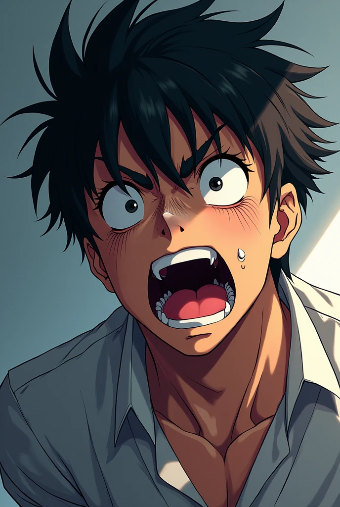 anime. anime man, maddened and scared, anime.