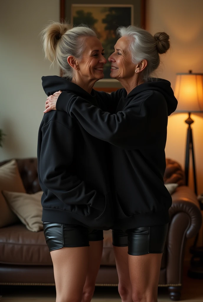 black woman hair in a bun black hoodie black leather short shorts getting fucked in the ass by a old age white grandma in a dress in a living room 