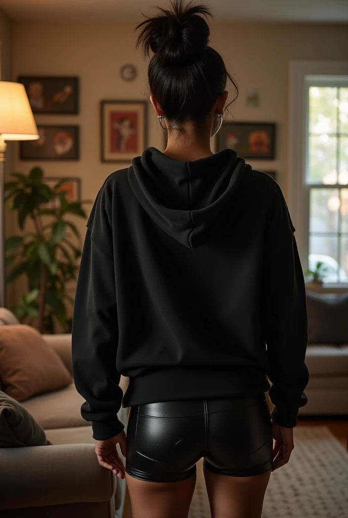 black woman hair in a bun black hoodie black leather short shorts getting fucked in the ass by a old age white grandma in a dress in a living room