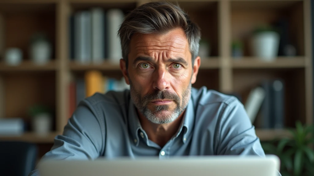 Ultra-realistic portrait of a man in his 40s. He has brown hair with a few white strands, a neatly trimmed beard and green eyes that reflect determination and concern. His face is well defined, and his expression suggests seriousness and reflection. The portrait should be from the waist up. He is wearing a casual shirt.

The man is sitting in a home office, with a laptop open in front of him. The environment should include elements such as a desk and a bookcase, but should be blurred so as not to distract from the main subject.

The lighting should be soft and natural, with morning light coming in from a window, creating subtle shadows that accentuate the man's expression of determination. The light should highlight the green eyes and the texture of the skin, emphasizing the seriousness of the situation.

The image should convey a sense of determination and concern, with a touch of tension. Suggest a neutral color palette, such as grays and browns, that complements the office atmosphere.

The photo should be of high quality, with 8k rendering and extreme detail, capturing the emotional essence of the moment.
