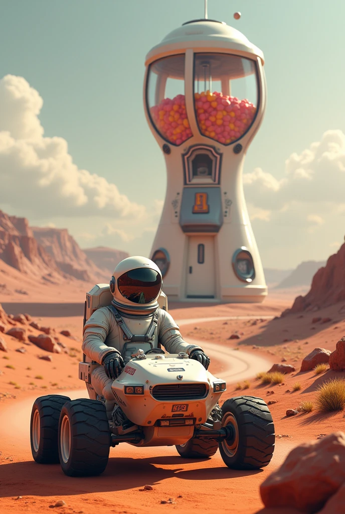 Astronaunt dricing martihi standing on a highway with a Big dink waja of candies on the background
