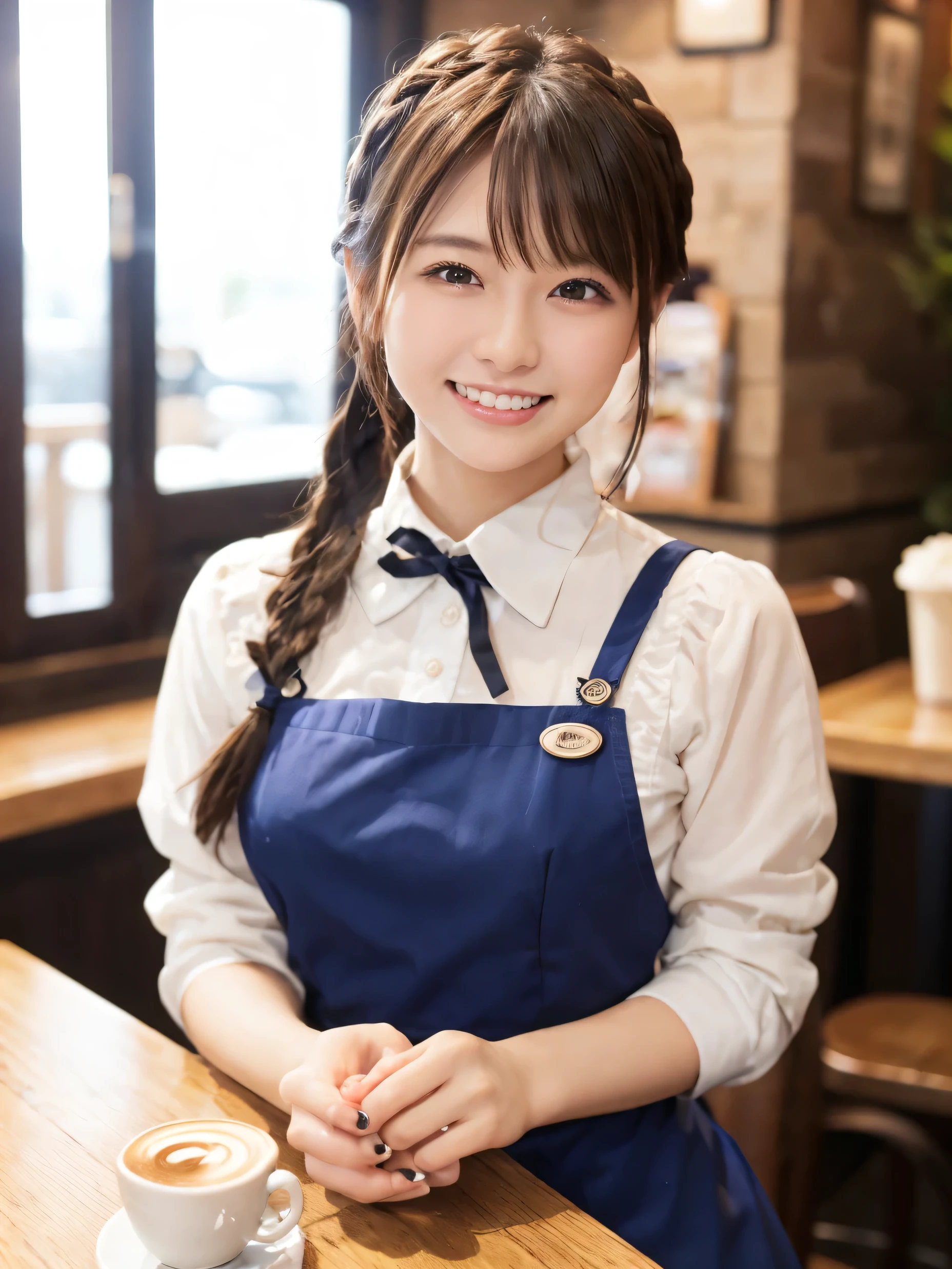 1 girl、(RAW Photos、Highest quality)、(Real、Photoreal:1.4)、Tabletop、Very delicate and beautiful、Very detailed、2k wallpaper、wonderful、Detailed、very detailedCG Unity 8K wallpaper、Super detailed、2、High resolution、Blue waitress outfit、Long skirt、Frills、ribbon、Soft Light、Beautiful detailed girl、Cafe waitress、Short Medium Hair、Braided Hair、Very detailed目と顔、smile、Happy Face、Cafe、coffee shop、latte Art