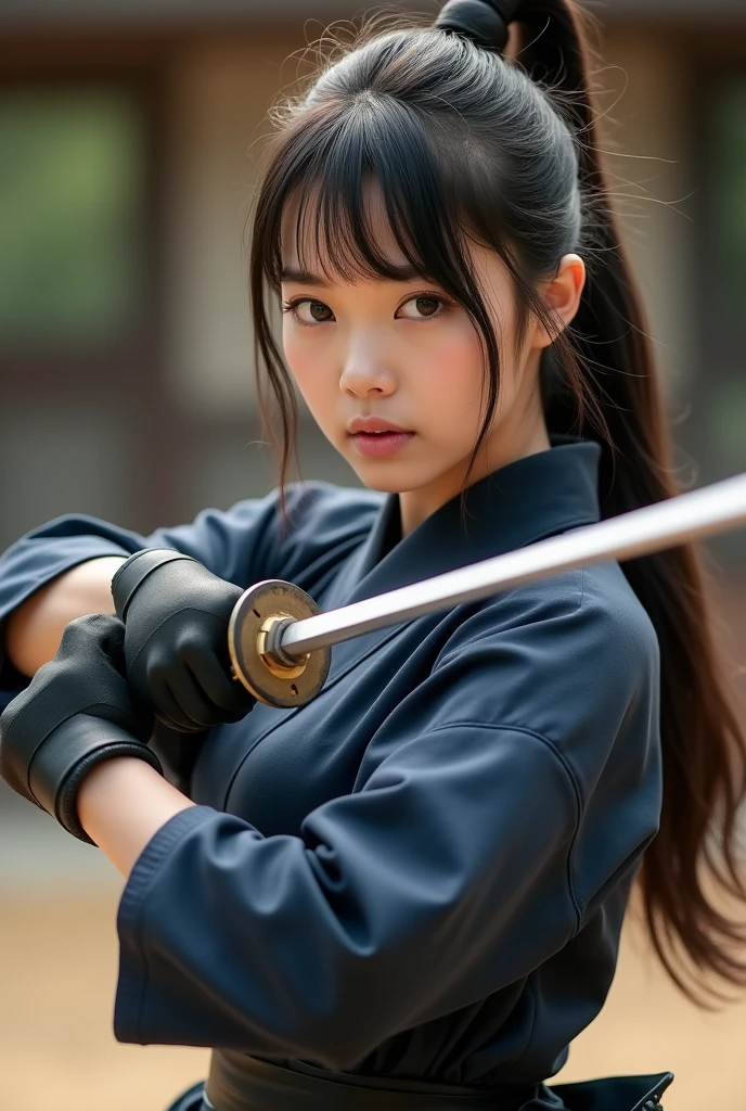 A woman practicing kendo、２２age、Idol face、Live photos、cute、With bangs、Fair skin、Wearing a uniform、Big Breasts、