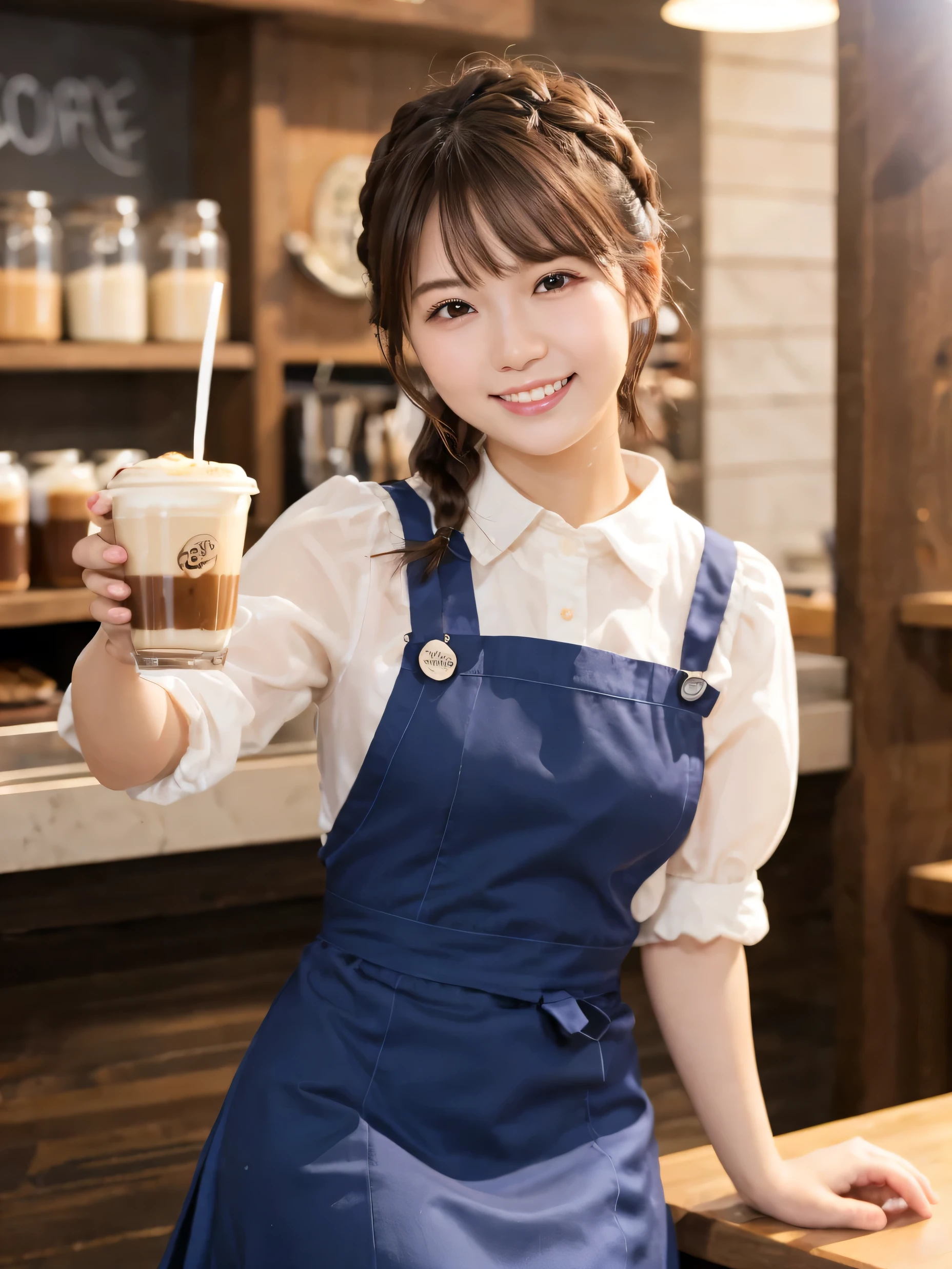 1 girl、(RAW Photos、Highest quality)、(Real、Photoreal:1.4)、Tabletop、Very delicate and beautiful、Very detailed、2k wallpaper、wonderful、Detailed、very detailedCG Unity 8K wallpaper、Super detailed、2、High resolution、Blue waitress outfit、Long skirt、Frills、ribbon、Soft Light、Beautiful detailed girl、Cafe waitress、Short Medium Hair、Braided Hair、Very detailed目と顔、smile、Happy Face、Cafe、coffee shop、latte Art