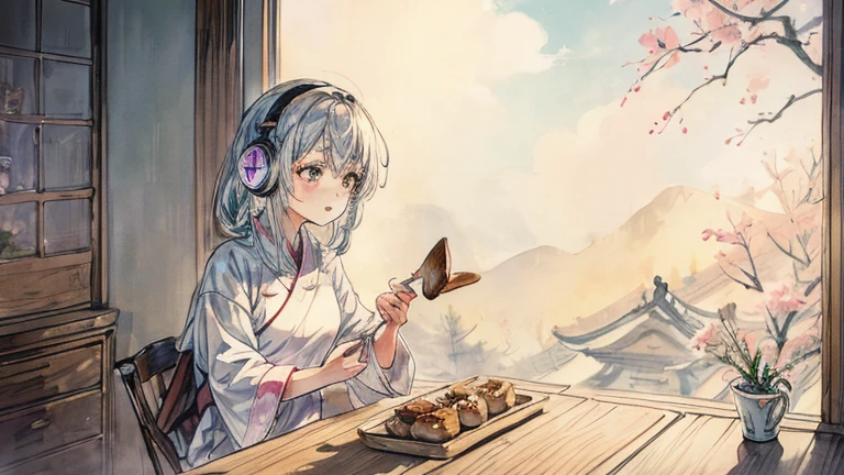 Highest quality,Asahiが差し込む部屋,One girl,Eating delicious looking ham and eggs, toast and coffee,listening to music with headphones on,Asahi,Windows are open、Wind、Light、curtain,女の子の髪もWindに揺られている。Lightがキラキラきらめいて美しい。My eyes are at the window。The background is watercolor-like anime style.,部屋の中はLightの粒子が煌めいて幻想的になっている,looking away