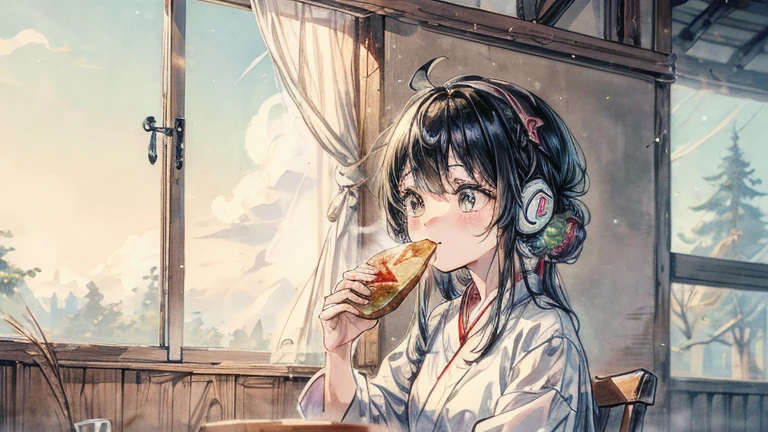 Highest quality,Asahiが差し込む部屋,One girl,Eating delicious looking ham and eggs, toast and coffee,listening to music with headphones on,Asahi,Windows are open、Wind、Light、curtain,の髪もWindに揺られている。Lightがキラキラきらめいて美しい。My eyes are at the window。The background is watercolor-like anime style.,部屋の中はLightの粒子が煌めいて幻想的になっている,looking away