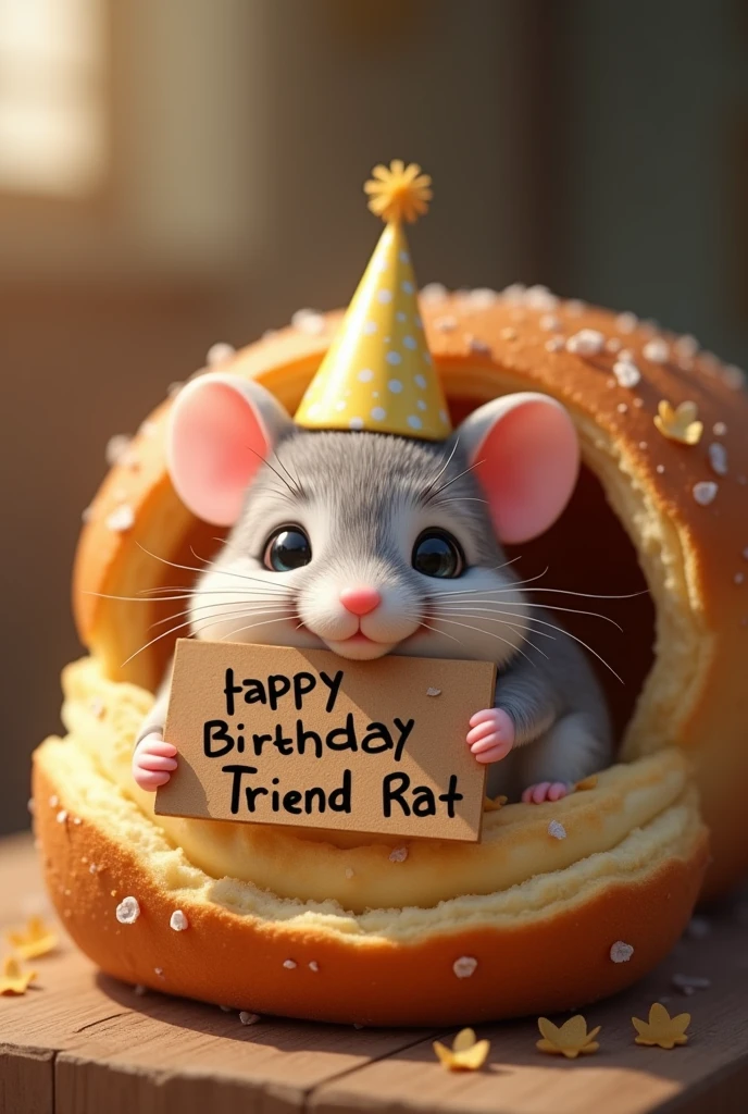Create a mouse with birthday cgapeu. The mouse must be lying down smiling inside a salt bread holding a sign that says happy birthday friend rat