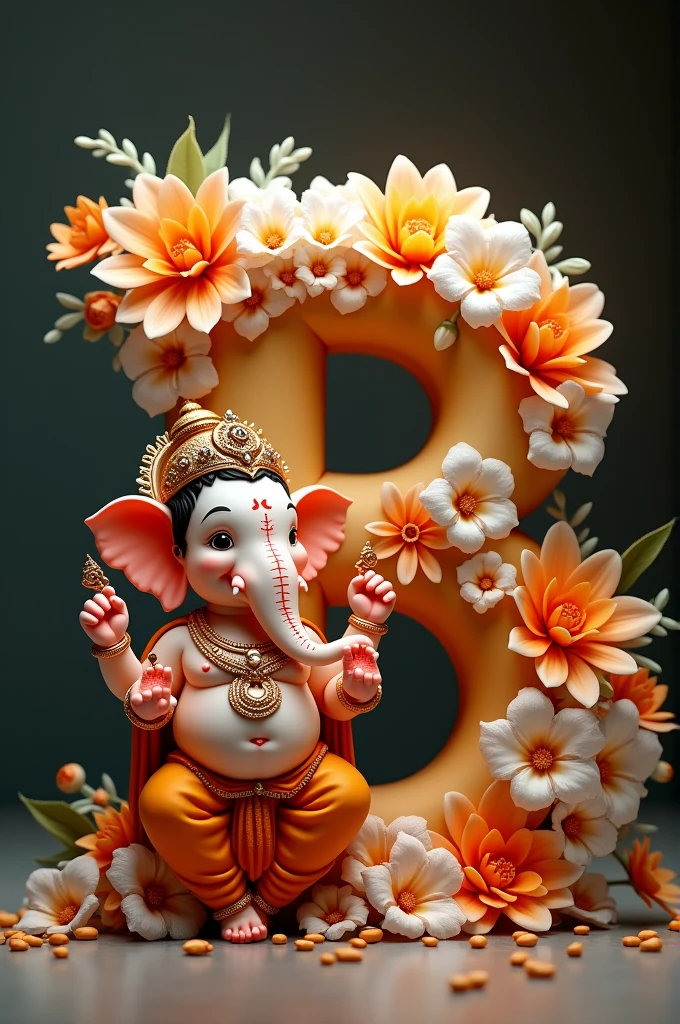 A cute, Lord Ganesh, standing next to a large, black letter “R” adorned with white and orange flowers. The background is simple dark, and the lighting is soft and warm. full hd quality picture, 32k quality images.