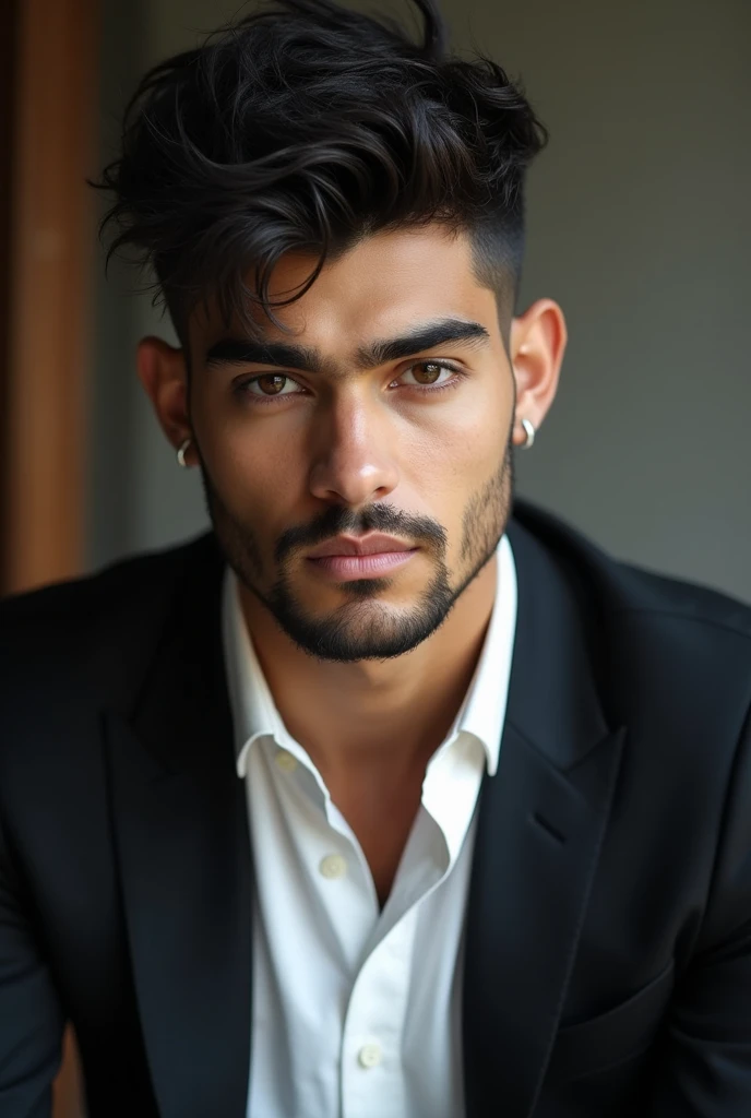 "Describe a photograph of Zayn Malik, capturing his distinctive style and presence. Focus on his expression, attire, and overall vibe in the image, highlighting what makes his look unique and memorable.""