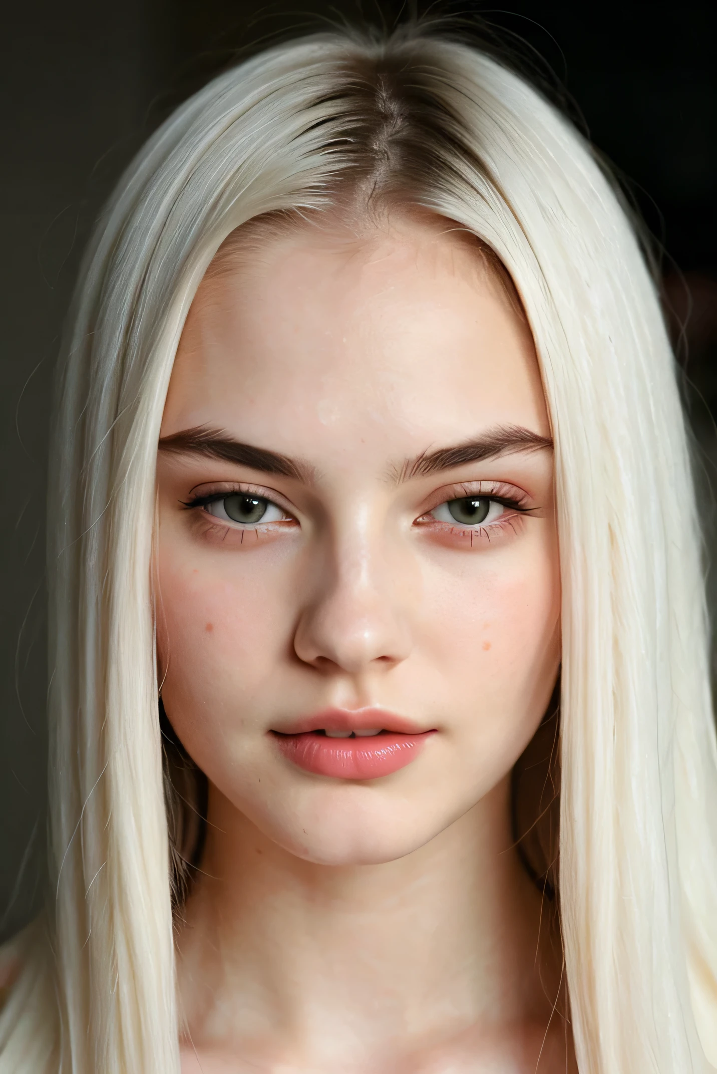 Wet and long white hair, small, black eyes, female, thin eyebrows, elegant, round face, soft feminine features, rosy cheeks, plump lips, Beauty marks, photoshoot,model, seductive, pale skin, elegant, glam makeup, timeline: 2001, majestic, beautiful, sexy, designer clothing, sexy, designer suit, teenager