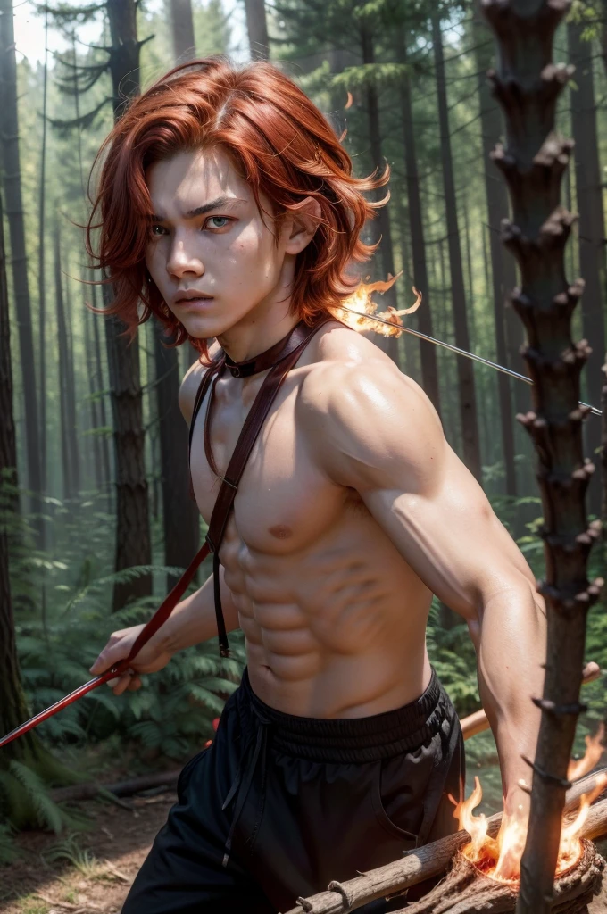 Boy, , hair on fire, indigenous, bow and arrow, forest, Red eyes, Fire, Red hair,