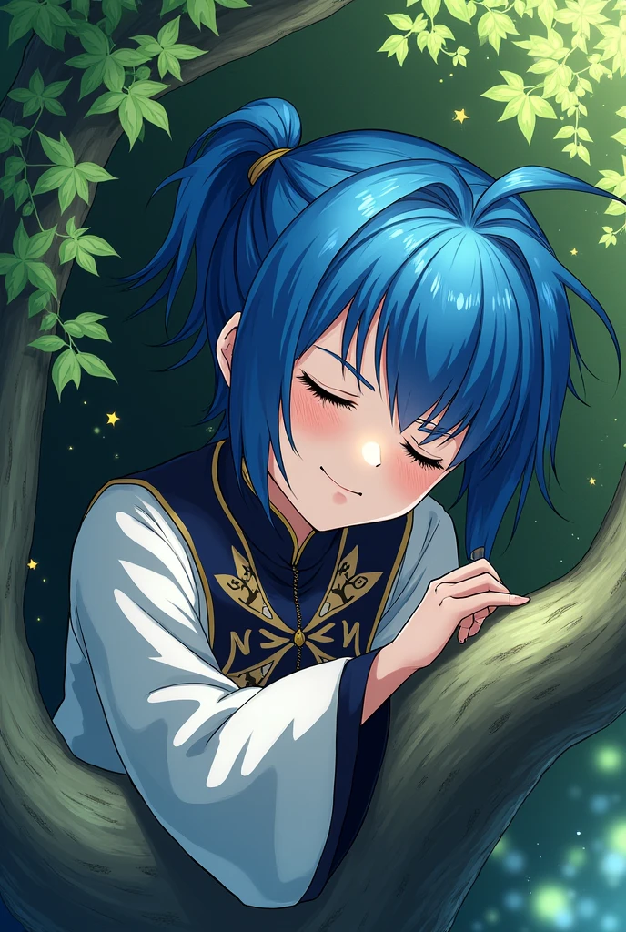short hair, has a ponytail on the side, blue hair color, blue eyes color, white skin color, sleeping in a tree, while wearing the uniform of a demon slayer,kimetsu no yaiba style