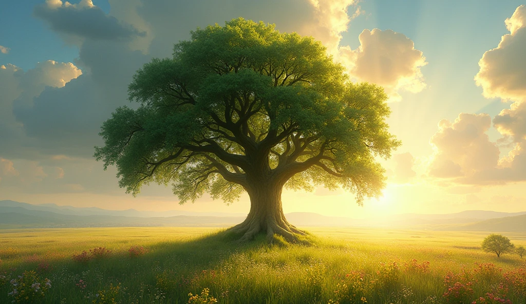 A symbolic scene where Abraham’s faith is depicted as a lush tree with deep roots, surrounded by a vast, vibrant field, representing the blessing and legacy left behind.