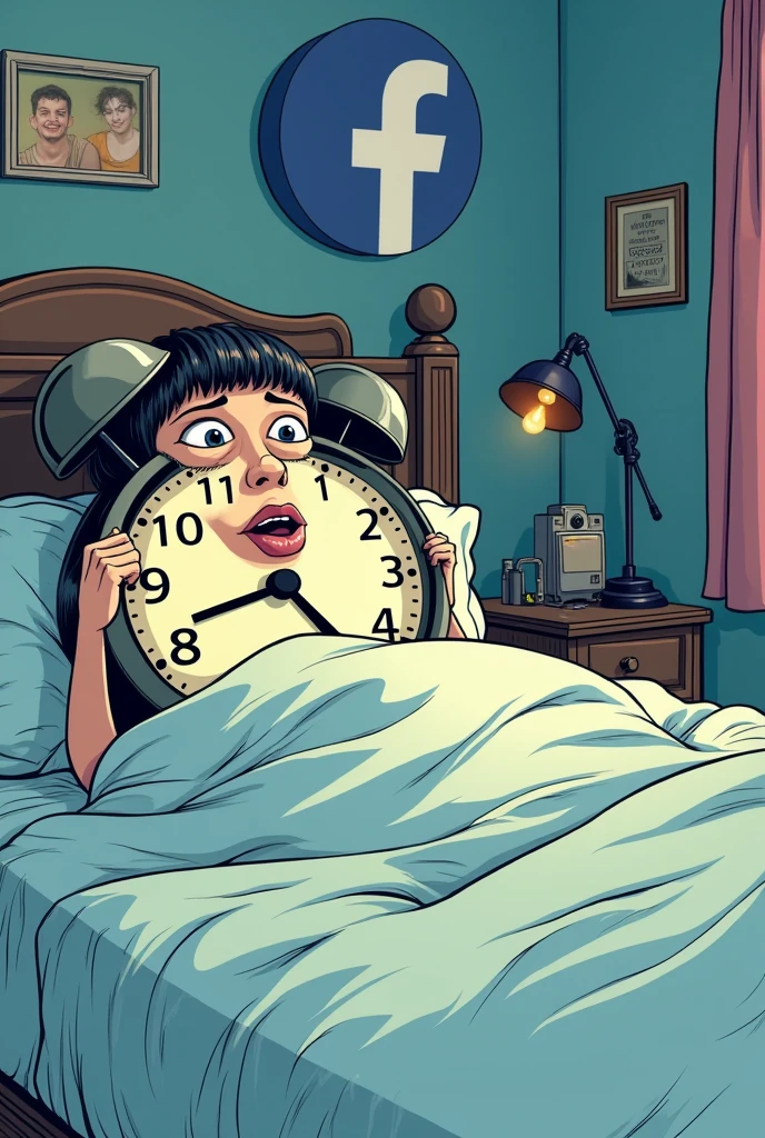 Person with a logo of fb in her bed staring the medium size of clock wanting to eat the clock (comic style)