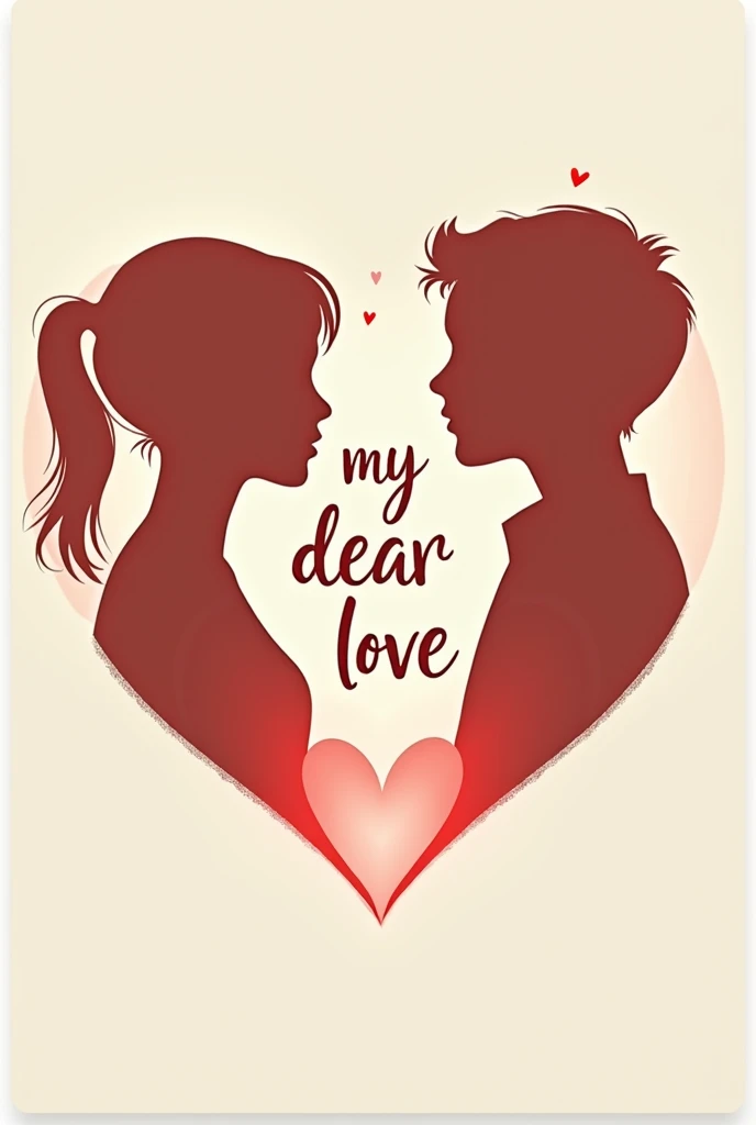 Make a cover, con la frase my dear love, with a silhouette of a girl and a boy in two corners but with a red heart on their chest
