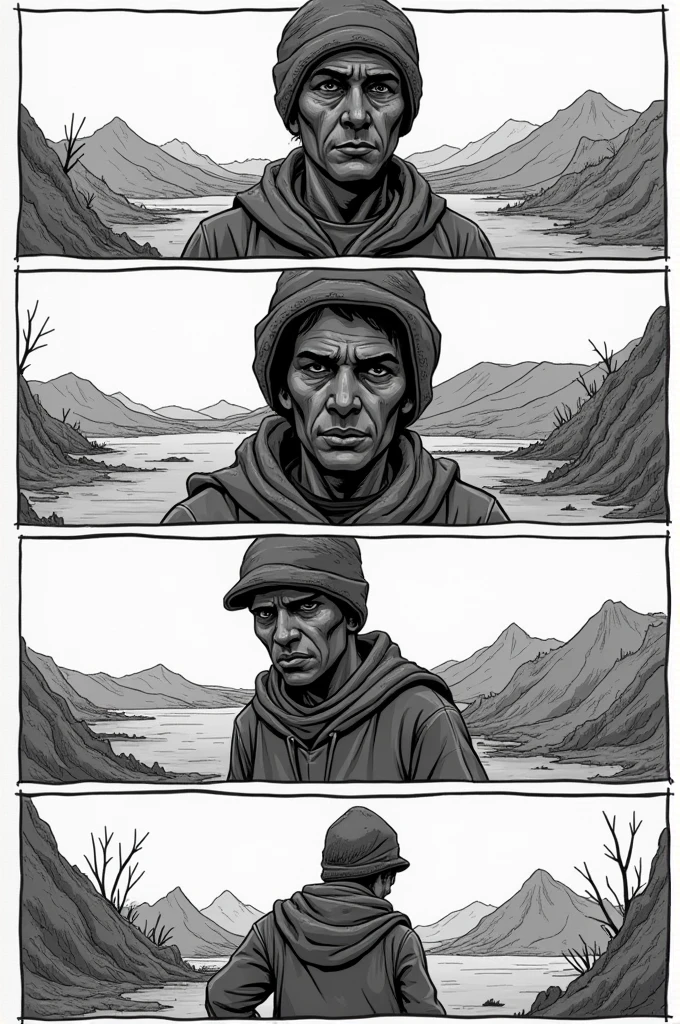 I want a comic with four narrative cores about the work "Vagrants without land" by Renée Ferrer, Basically it deals with The novel focuses on the life of dispossessed peasants, those who are "vacant" Not because they don't want to work, but because they do not have land to cultivate. the earth, In this work, It is a powerful symbol: It represents both physical sustenance and the dignity and identity of people.. Ferrer uses this lack to reflect the marginalization and suffering of the most vulnerable., those who face indifference and exploitation by the ruling classes.