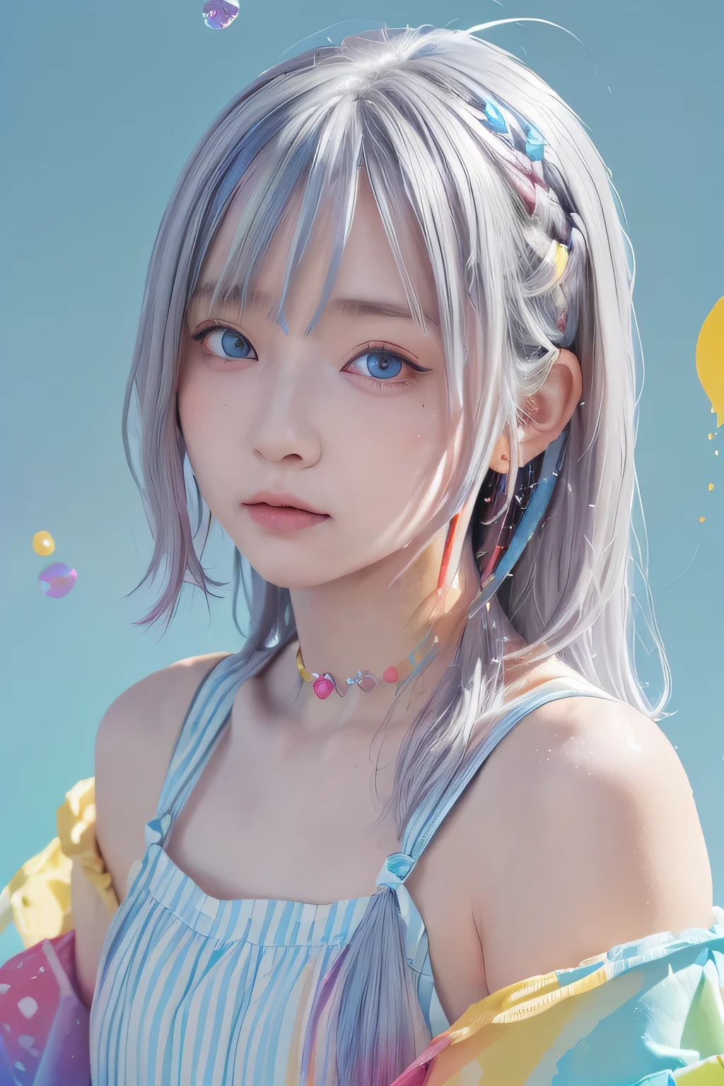 (((masterpiece))),(((Highest quality))),((Very detailed)),(figure),(Dynamic Angle), ((floating)),(paint),((Disheveled Hair)), (alone),(One girl), ((small_chest)), (((Detailed anima face))),((Beautifully detailed face)),collar,Exposing shoulders,  Gray Hair, ((Colorful Hair)),((Striped Hair)), Beautiful attention to detail,(Gradient color eyes),(((Colorful eyes))), (((Colorful background))),(((High saturation))),(((Surrounded by colorful splashes))),(((Surrounded by colorful dots))),Colorful Bubbles,((The Shining))