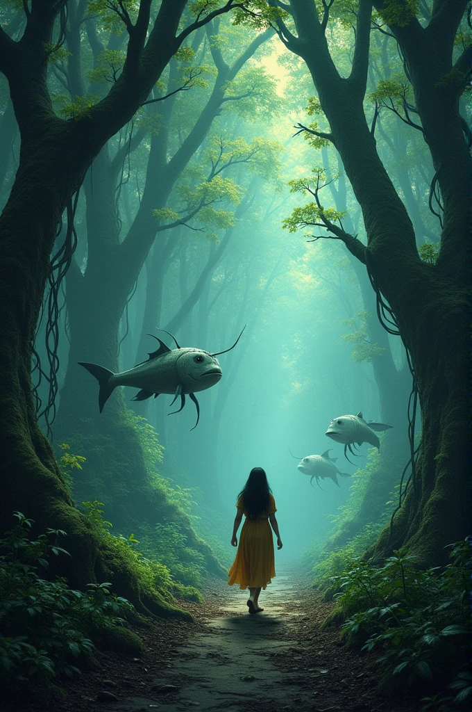 He started his journey taking directions from that fish. She went deeper into the forest. On the way he encountered many strange and dangerous things. At some places there were giant spiders, and at some places the tree trunks suddenly came alive and were trying to catch Radha.
